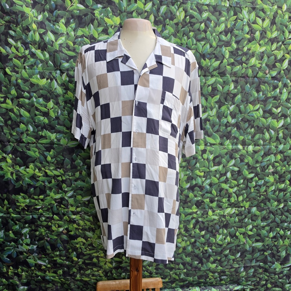 RSQ Men's Checkerboard Camp Collar Button Front Shirt Beige Black White XXL